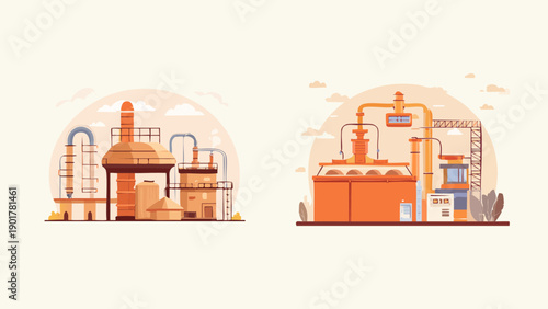 Industrial factory and refinery buildings with pipes and structures, illustrating manufacturing and production processes