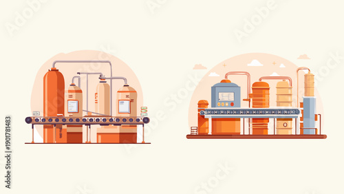 Industrial manufacturing plants with conveyor belts and processing equipment