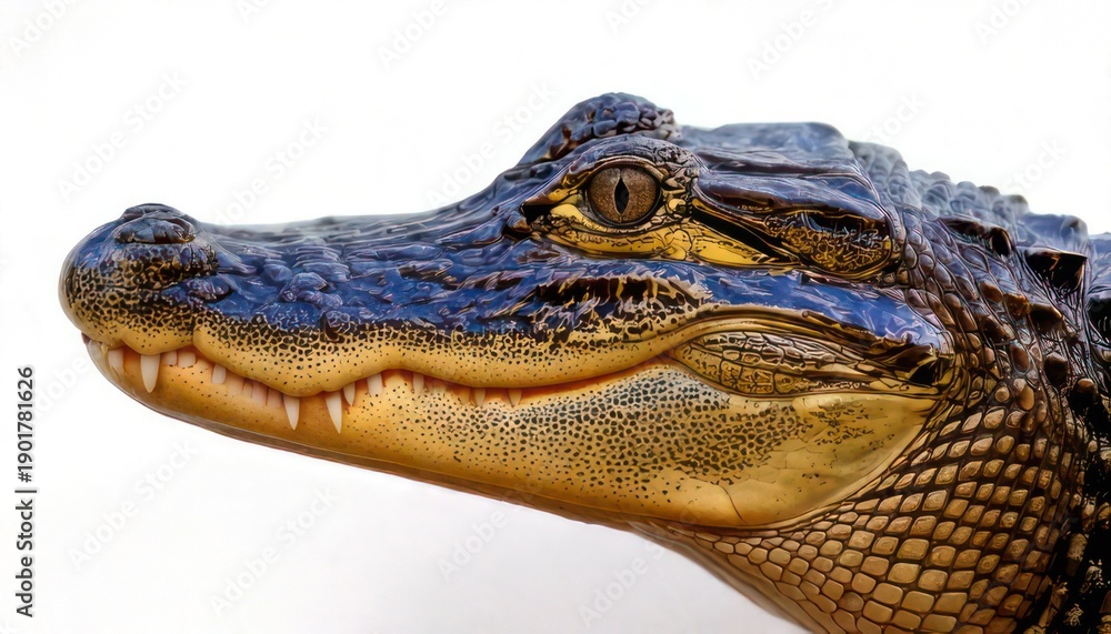Fototapeta premium Close-up of an American Alligator head against a white background.