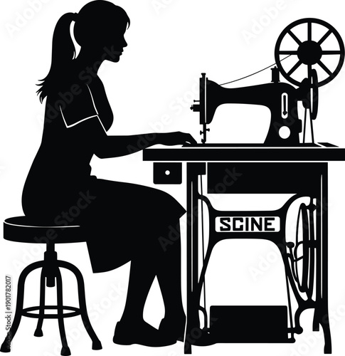 Black silhouette of a woman sitting on a stool and working at a vintage manual sewing machine isolated on white background vector illustration