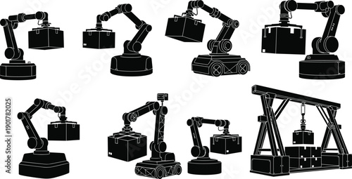 Robotic arms lifting boxes and briefcases industrial robots machines automation manufacturing