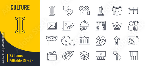Culture icons set, collection of art, theater, and entertainment vector symbols, heritage and performance arts, editable stroke