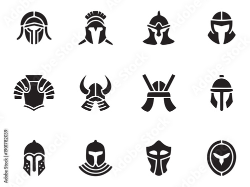 Collection of various historical and fantasy helmets and warrior armor icons in black silhouette, including Roman, Greek, Viking, and Samurai styles for gaming and historical art.