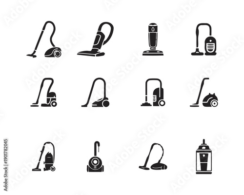 Collection of vacuum cleaner icons featuring upright canister stick and handheld models for cleaning appliance technology themes