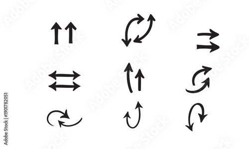Collection of various arrow icons including double arrows curved arrows rotating arrows and straight arrows for design elements and indicators on white background