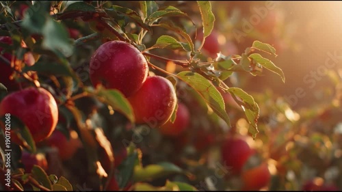 Close up of red apples on tree branches