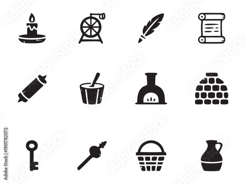 Collection of vintage craft and historical object icons, including candles, spinning wheels, feathers, jars, keys, and baskets for old-fashioned design themes