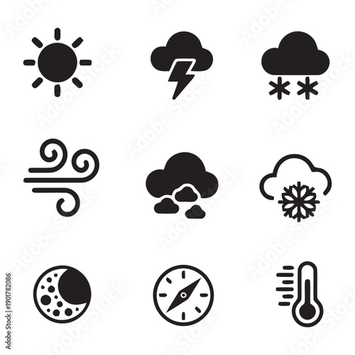 Collection of weather icons representing sun, storm, snow, wind, rain, clouds, moon, compass and thermometer