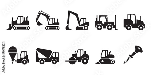 Construction heavy machinery icons set including bulldozer excavator loader cement mixer roller and building tools like nail for engineering and heavy industry projects