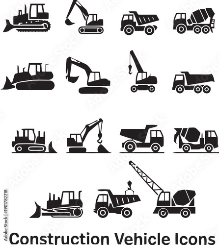 Construction vehicle icons set featuring bulldozer excavator dump truck and concrete mixer for industrial and heavy machinery illustration on white background clean design