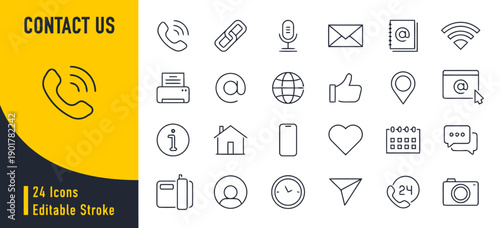 Contact us icons set representing ways to connect phone email location social media and support services editable stroke vector graphics for business