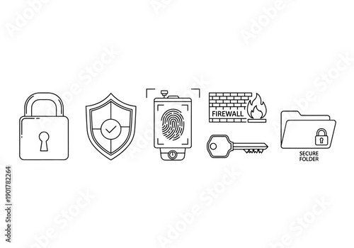 Cybersecurity icons set with lock and shield