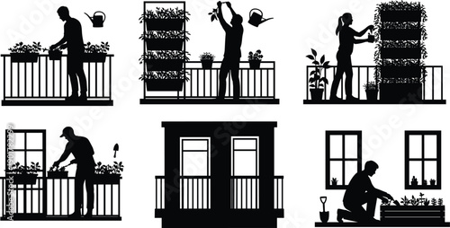 Silhouette of people gardening on balcony with plants and pots silhouettes