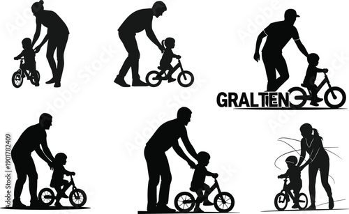 Silhouettes of adults helping children learn to ride bicycles learning