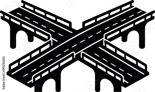 Modern black highway overpass intersection 3D render isolated on white background infrastructure design concept