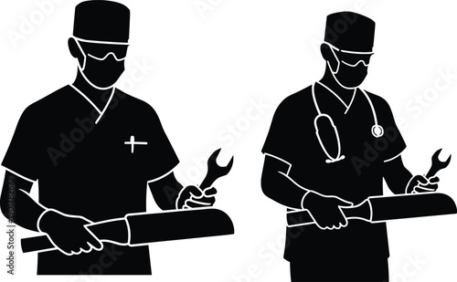 Two surgeons in scrubs and masks holding wrenches and saw medical professionals goggles