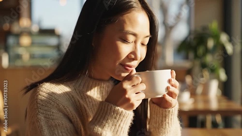 Wallpaper Mural Woman enjoying a warm drink with eyes closed, bathed in sunlight. Beige sweater, cafe backdrop Torontodigital.ca