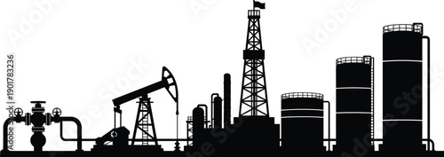 Black silhouette of oil refinery plant with drilling rigs, pump jack, storage tanks, and industrial pipelines isolated on white background vector illustration collection