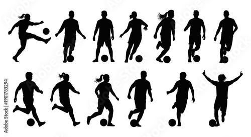 Dynamic Silhouettes of Soccer Players in Action Capturing the Energy and Movement of the Beautiful Game on a White Background