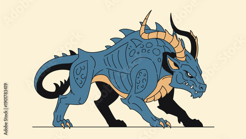 Stylized Blue Mythical Monster with Horns and Spikes. Powerful Fantasy Creature Vector Illustration