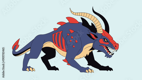 Fierce Horned Fantasy Beast Illustration with Sharp Teeth and Spikes