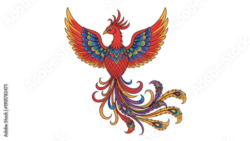 Majestic Colorful Phoenix Illustration with Intricate Feathers and Spread Wings