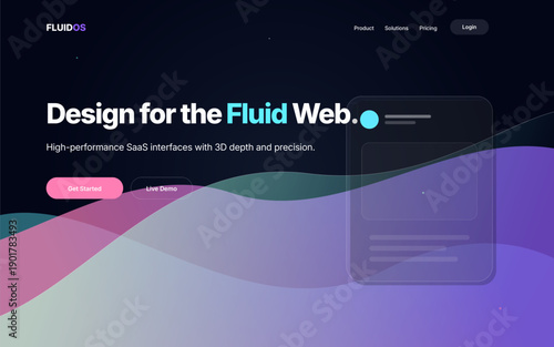A high-performance dark mode website hero section featuring fluid abstract 3D waves, interactive product showcase, and a clear call to action for SaaS applications.