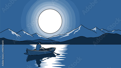 Moonlit Night Lake: Lone Rower under a Full Moon with Mountains, Serene Blue Vector Landscape
