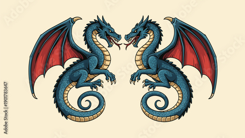 Symmetrical Blue Dragons with Red Wings Mythical Creatures Fantasy Illustration
