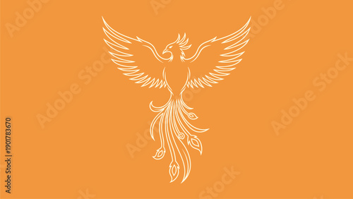 Stylized White Phoenix Outline Vector on Orange Background