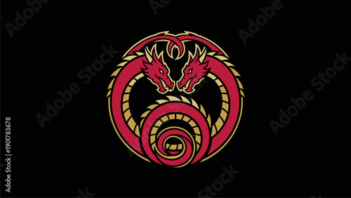 Twin Red Dragons Intertwined Circle Emblem - Mythical Fantasy Design