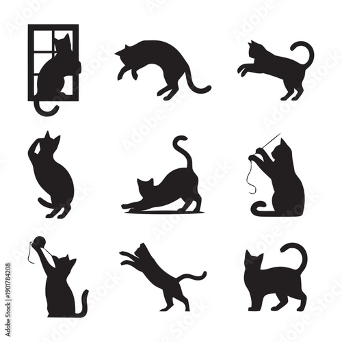 Cute cats silhouettes in various active and resting poses playing with yarn and ball, stretching, jumping, sitting by window isolated on white background vector illustration