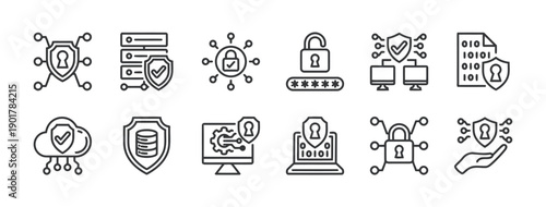 Cyber security icons set with shields, locks, networks, data, and computers, protection and privacy concepts