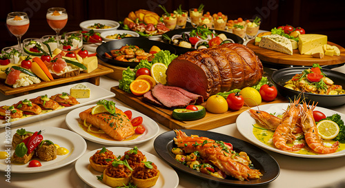 A lavish spread of a festive buffet featuring roasted meats, seafood, and appetizers, perfect for celebrations