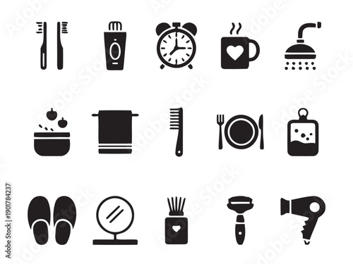 Daily routine and hygiene icons for morning and evening, including toothbrushes, toothpaste, alarm clock, coffee mug, shower head, towel, comb, plate 