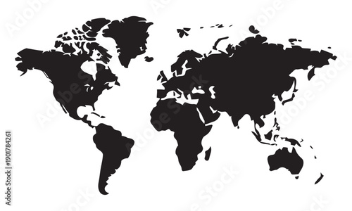 Detailed black silhouette of world map showing all continents and major landmasses representing global geography and international connections for travel exploration and business across planet earth