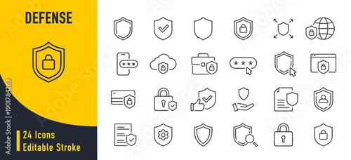 Defense icons set security protection shield lock privacy data cyber safety network system secure access authentication encryption guarding safety measures safeguard defense shield lock security