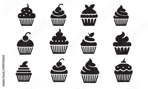Delicious assortment of cupcakes in various flavors and decorative styles, perfect for baking themes, party invitations, and food-related graphic design elements