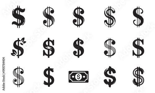 Dollar sign icons with brush stroke and varied decorative styles, symbolizing money, currency, finance, and economic concepts, for banking and business themes