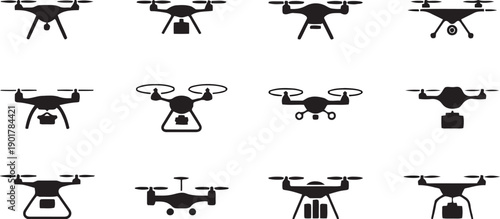 Drone icons set, showcasing various aerial vehicles for delivery, surveillance, and photography, with different models and payloads for technology and future concepts