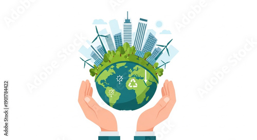 Sustainable Europe Green Deal Concept with Eco City, Renewable Energy and Recycling Planet Illustration