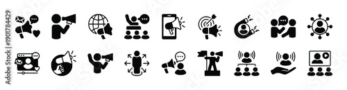 Dynamic set of marketing and communication icons, illustrating advertising, promotion, social media engagement, public relations, and audience connection strategies.
