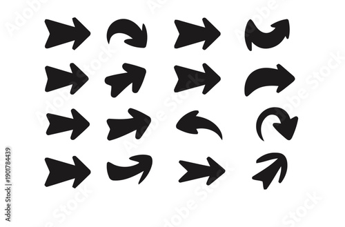 Dynamic arrow collection, diverse styles and directions. Pointer icons for navigation and action. Curved and straight arrow shapes.