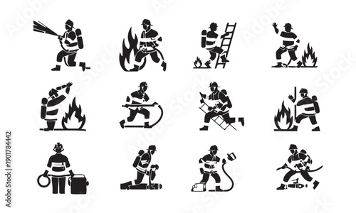 Dynamic set of twelve firefighter icons demonstrating various actions and equipment, ideal for safety, emergency services, and heroic themed graphic design projects.