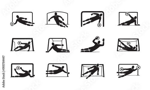 Dynamic silhouette collection representing goalkeepers in various action poses, diving, jumping, and saving shots, soccer goalkeeper performance, 
