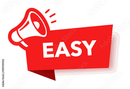 Easy promotion with megaphone icon and red banner, conveying simplicity and convenience for offers or services, perfect for user-friendly campaigns and quick solutions, white background art
