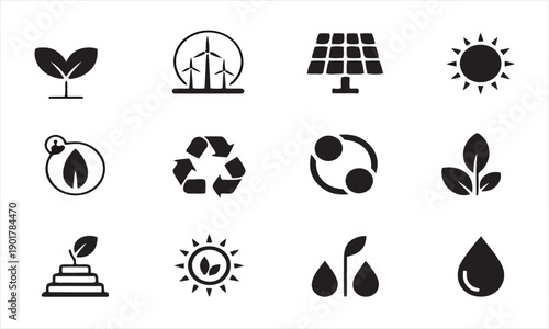 Ecology and renewable energy icons, showing plants, sun, wind turbines, solar panels, and water drops, symbolizing nature conservation and sustainable power sources.