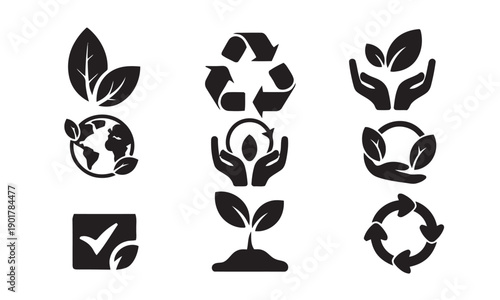 Ecology and environment icons set with leaves recycling symbol earth globe hands protecting plant and check mark for green initiatives and sustainability on white background