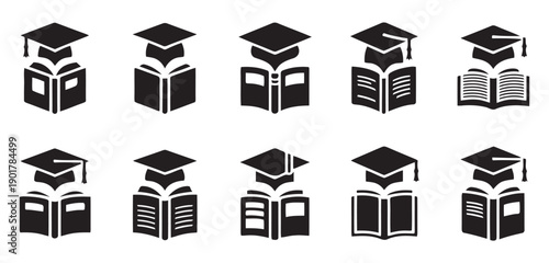 Education icons set showing graduation caps and open books in various positions representing learning and study