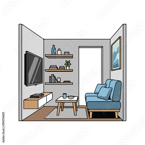 Illustration of a cozy living room interior with a blue sofa, wooden coffee table, TV on a stand, and shelves with decorative items against a white background.